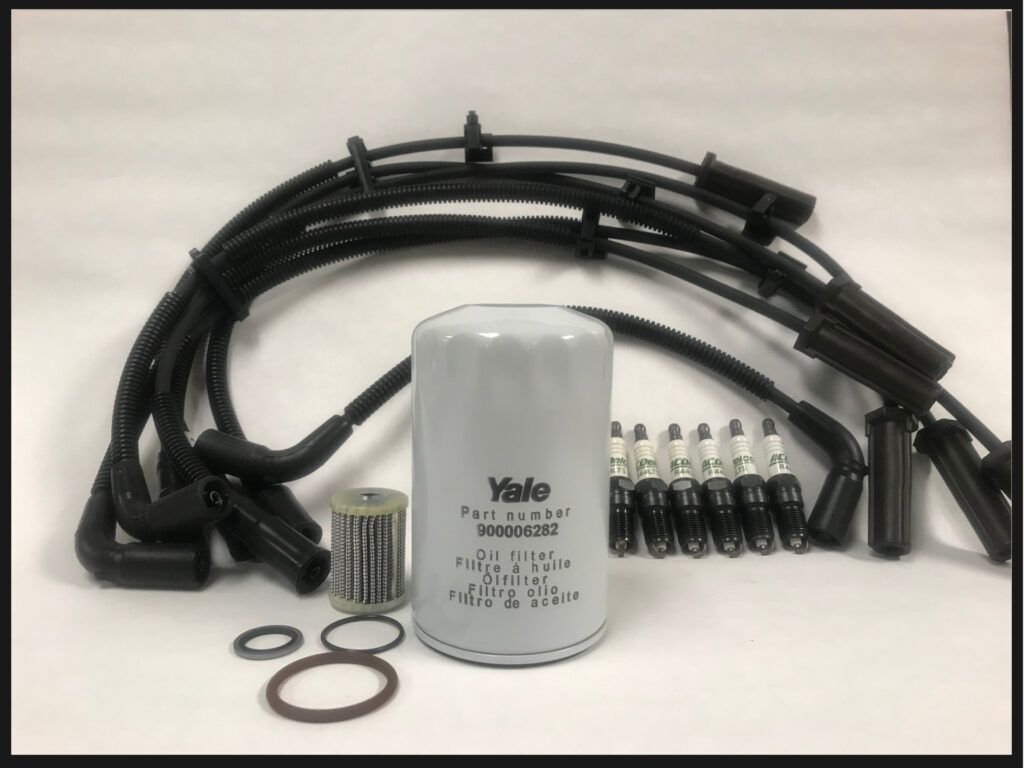 heavy yale vx parts package with oil filter, engine filter, 6 spark plugs and spark plug wires for chevy v6 engine