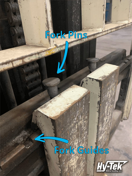 Forklift fork pins and guides